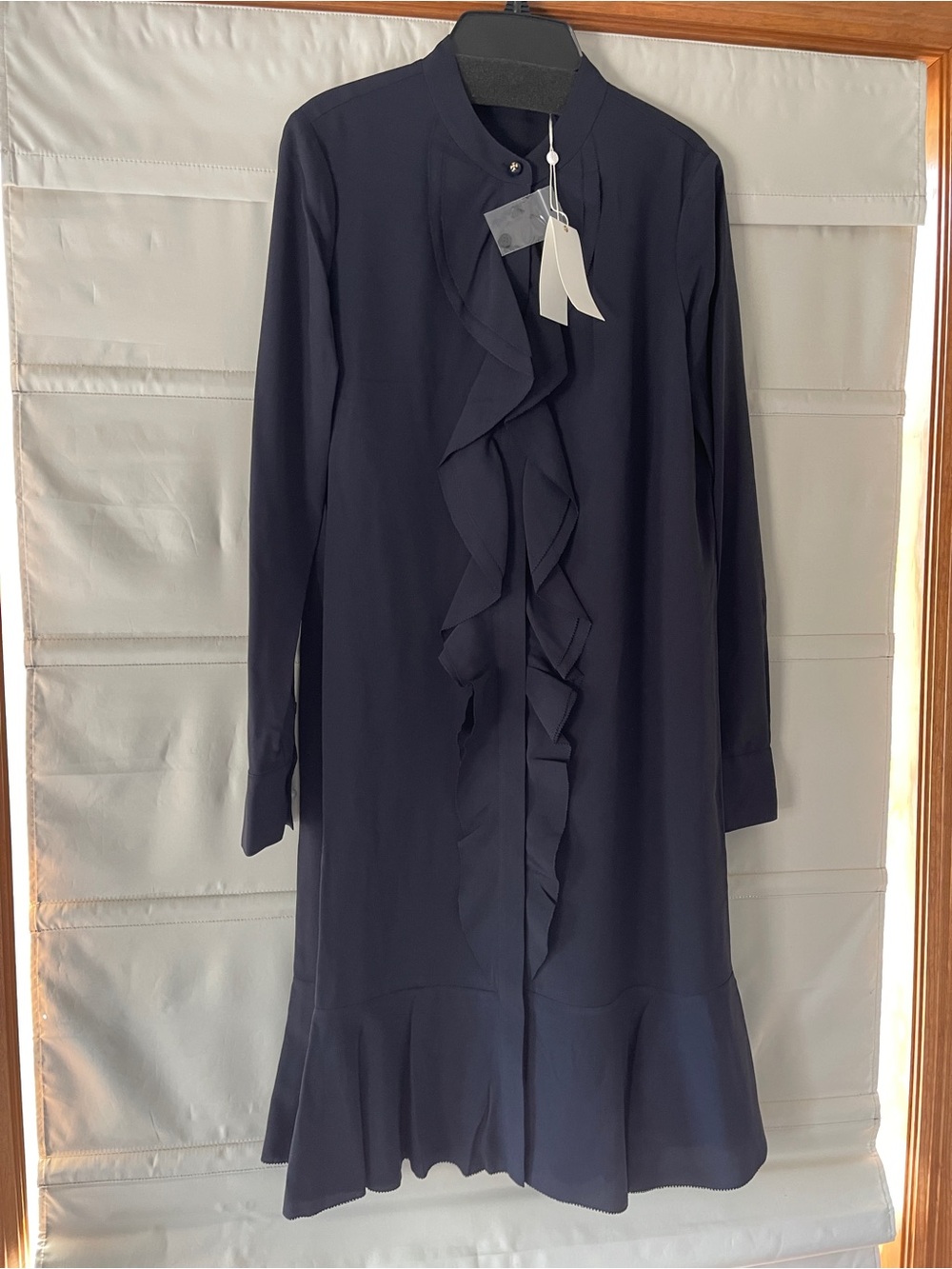 Tory Burch Navy Ruffle-Front Long Sleeve Dress